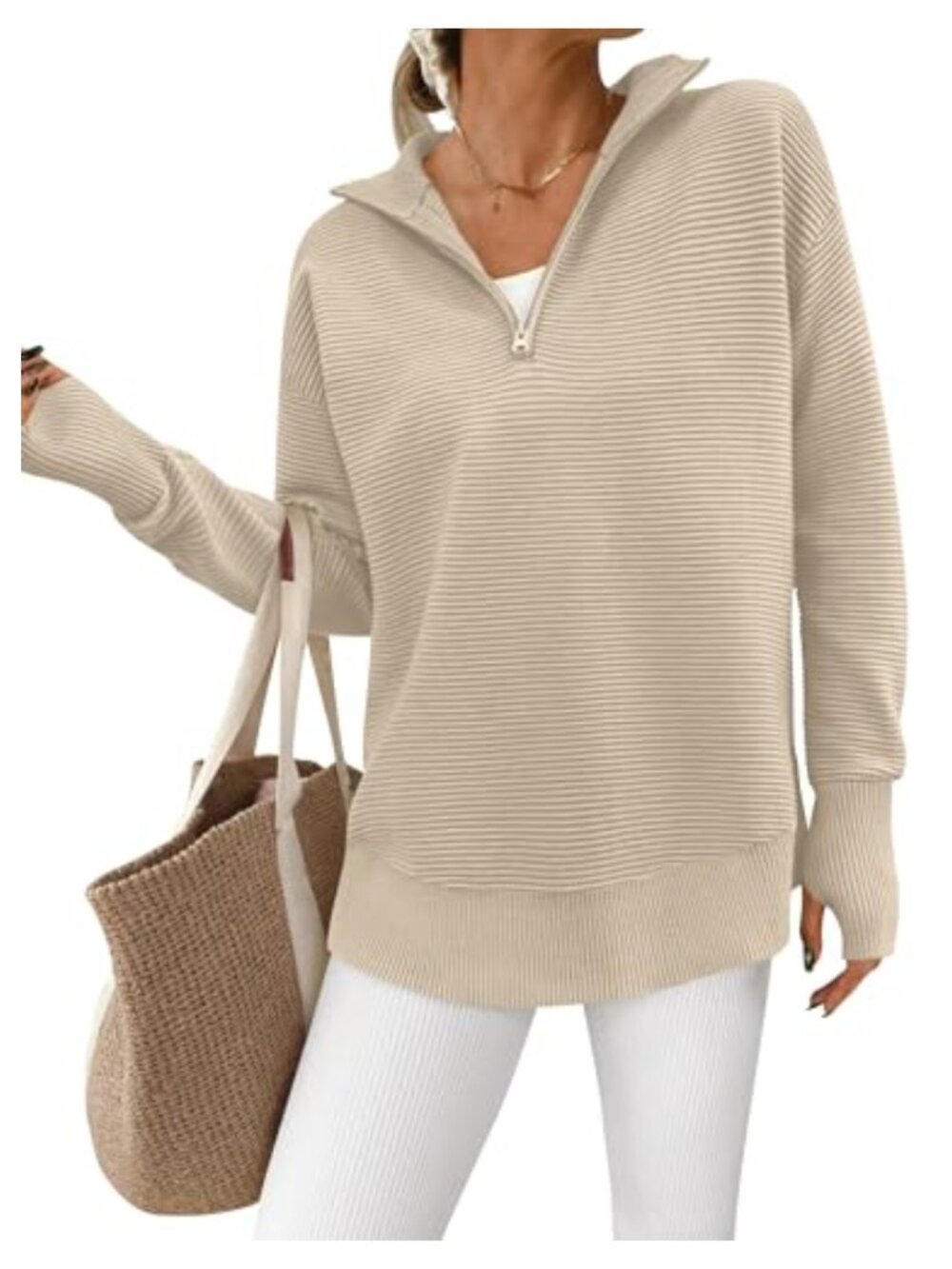 Womens Quarter Zip Pullover Sweater Ribbed Knit V Neck Thumb Hole Top
